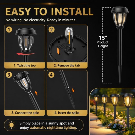 12 Pack Solar Lights Outdoor, Solar Pathway Lights Auto On/Off Waterproof Garden Landscape Lighting for Path, Yard, Walkway, Driveway Decor