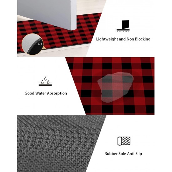 Red Black Plaid Bath Mat Rug Quick Dry Absorbent Rubber Backed Bathroom Mat Buffalo Check Geometric