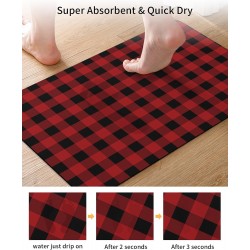 Red Black Plaid Bath Mat Rug Quick Dry Absorbent Rubber Backed Bathroom Mat Buffalo Check Geometric