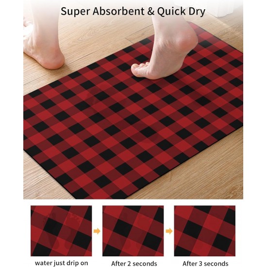 Red Black Plaid Bath Mat Rug Quick Dry Absorbent Rubber Backed Bathroom Mat Buffalo Check Geometric