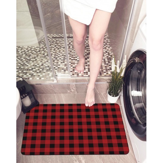 Red Black Plaid Bath Mat Rug Quick Dry Absorbent Rubber Backed Bathroom Mat Buffalo Check Geometric