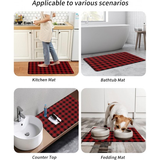 Red Black Plaid Bath Mat Rug Quick Dry Absorbent Rubber Backed Bathroom Mat Buffalo Check Geometric