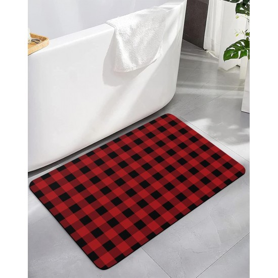 Red Black Plaid Bath Mat Rug Quick Dry Absorbent Rubber Backed Bathroom Mat Buffalo Check Geometric