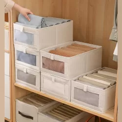 Viewing window clothing organization and storage box, fabric cotton and linen storage box, clothing storage, home wardrobe, Japanese-style organization box